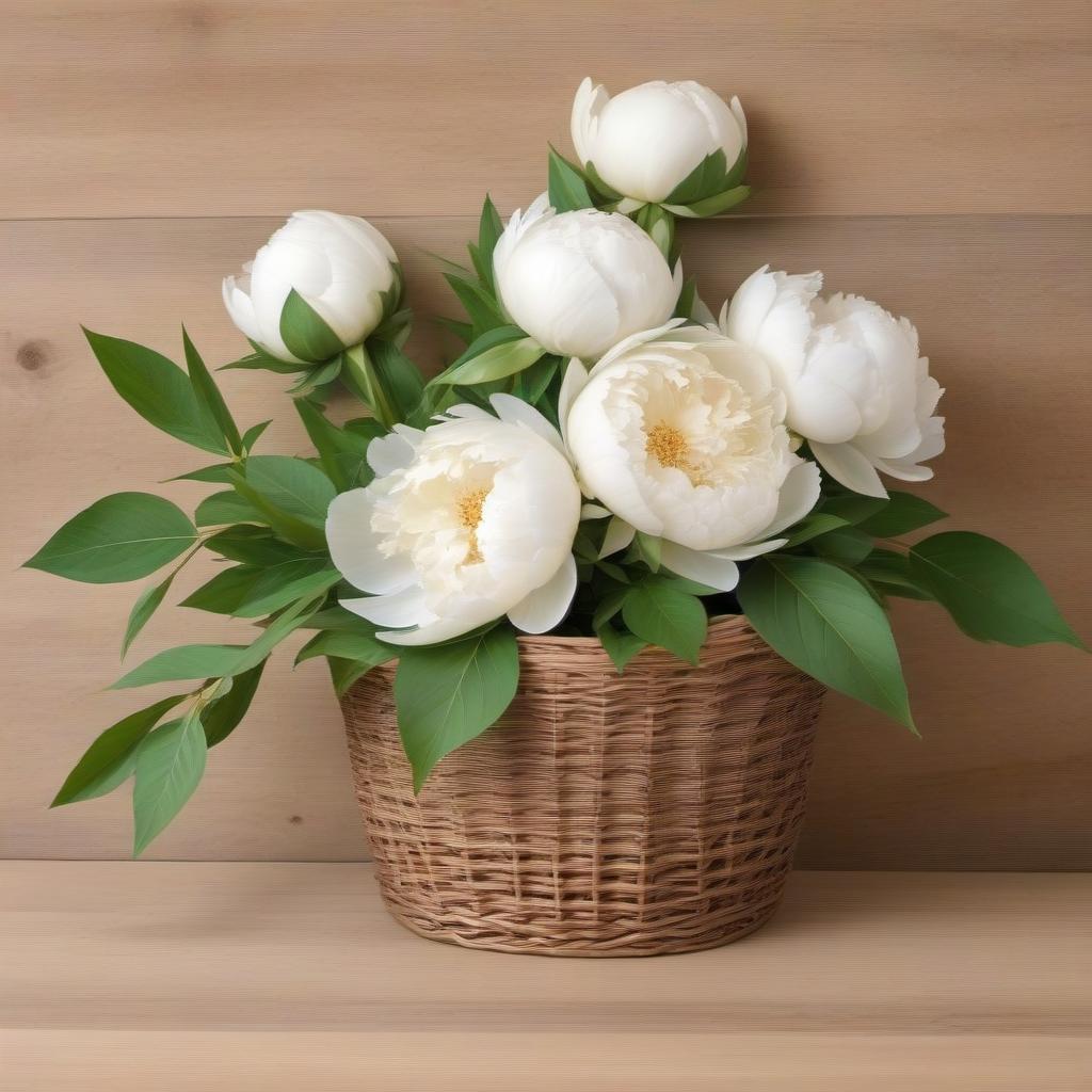  A beautiful bouquet of white peonies in a wicker basket, on the floor from boards, with an openwork napkin, background beautiful picture of the artist Greens.Style art