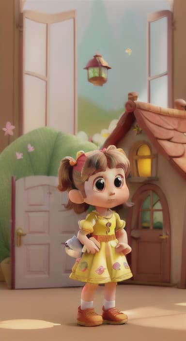  {A whimsical teapot house with a door and windows, surrounded by fluttering fairies, all with tiny wings and sparkling dust., A young named Lily with brown hair in pigtails, wearing a bright yellow dress with red shoes, and holding a small lantern. She is curious and adventurous.