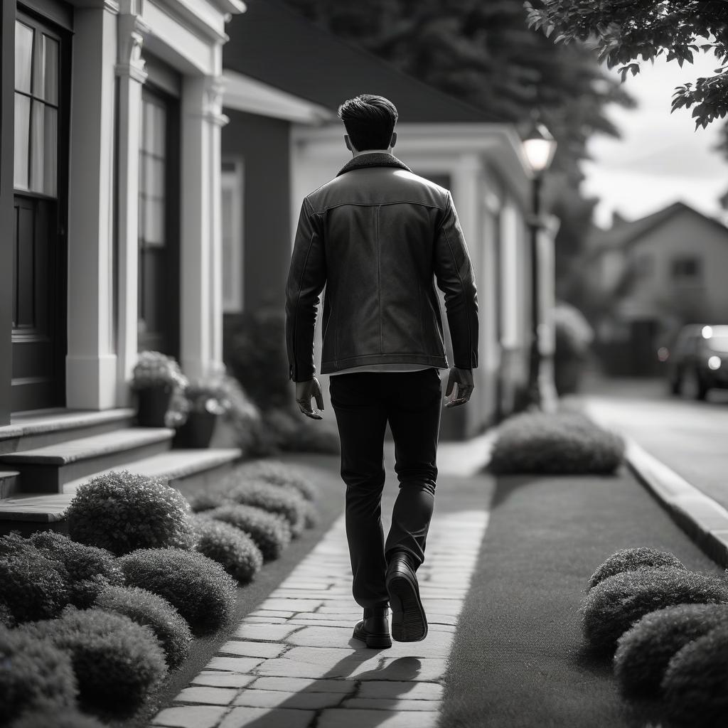  cinematic photo A person walking towards home on a black and white background. . 35mm photograph, film, bokeh, professional, 4k, highly detailed hyperrealistic, full body, detailed clothing, highly detailed, cinematic lighting, stunningly beautiful, intricate, sharp focus, f/1. 8, 85mm, (centered image composition), (professionally color graded), ((bright soft diffused light)), volumetric fog, trending on instagram, trending on tumblr, HDR 4K, 8K