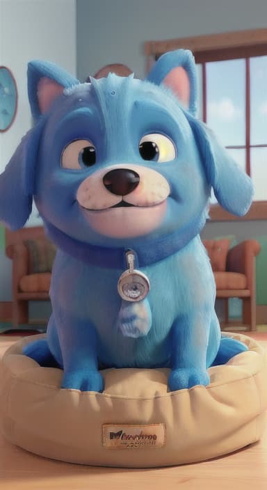  {Max snuggled up in his comfy dog bed inside the house, fast asleep, The big blue dog is large with sky blue fur, big round eyes, a black nose, and floppy ears.