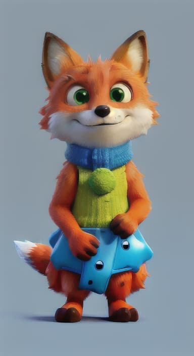  {Error the fox pressing the blue button with his paw, looking puzzled as nothing occurs., Error is a small, bright orange fox with a fluffy tail and big, inquisitive eyes. He has a mischievous yet kind expression and wears a tiny green scarf.