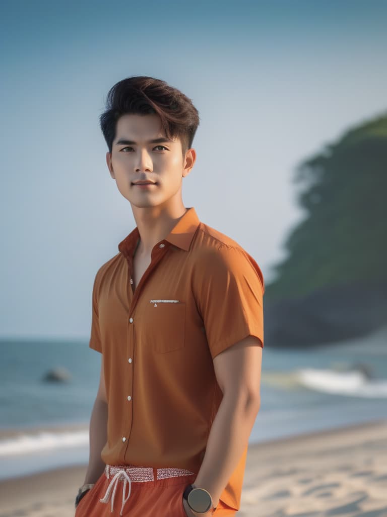  half body portrait,Young Asian man wear summer beach casual short sleeve shirt and dark orange shorts, happy relax standing on beach near sea, cinematic lighting, stunningly beautiful, intricate, sharp focus, f/1. 8, 85mm, (professionally color graded), ((bright soft diffused light)), volumetric fog, trending on instagram, trending on tumblr, HDR 4K, 8K hyperrealistic, full body, detailed clothing, highly detailed, cinematic lighting, stunningly beautiful, intricate, sharp focus, f/1. 8, 85mm, (centered image composition), (professionally color graded), ((bright soft diffused light)), volumetric fog, trending on instagram, trending on tumblr, HDR 4K, 8K