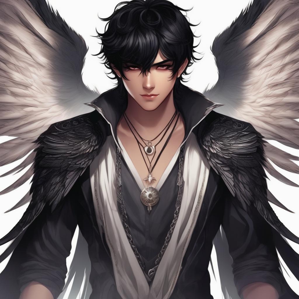  "A 20-year-old boy with black eyes and black hair, demon wings, fantasy, magic."
