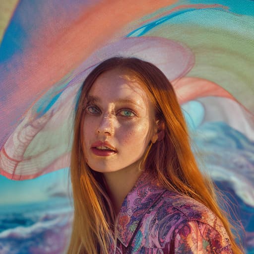 portrait+ style Lady, girl from the sleepy Hollow, eccentric clothes, vintage clothes, modern clothes, colours from the 70s, surrounded by ocean layer paper