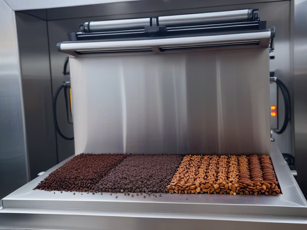  A closeup, ultradetailed image of a sleek, stainless steel chocolate tempering machine in action, with molten chocolate cascading smoothly down a chute into a perfectly tempered pool below. The machine is illuminated by a soft, warm light, highlighting the intricate mechanics and glossy finish, creating a mesmerizing visual display of precision and craftsmanship. hyperrealistic, full body, detailed clothing, highly detailed, cinematic lighting, stunningly beautiful, intricate, sharp focus, f/1. 8, 85mm, (centered image composition), (professionally color graded), ((bright soft diffused light)), volumetric fog, trending on instagram, trending on tumblr, HDR 4K, 8K