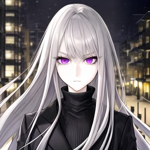  Beautiful , s, grey hair, long hair, purple eyes, pale skin, black eyebrows, soft smile, a black turtleneck with a dark green jacket over it. Bangs. big , wonderful city background, short paint, colorful, japan style, upper body, cool face, detailed face