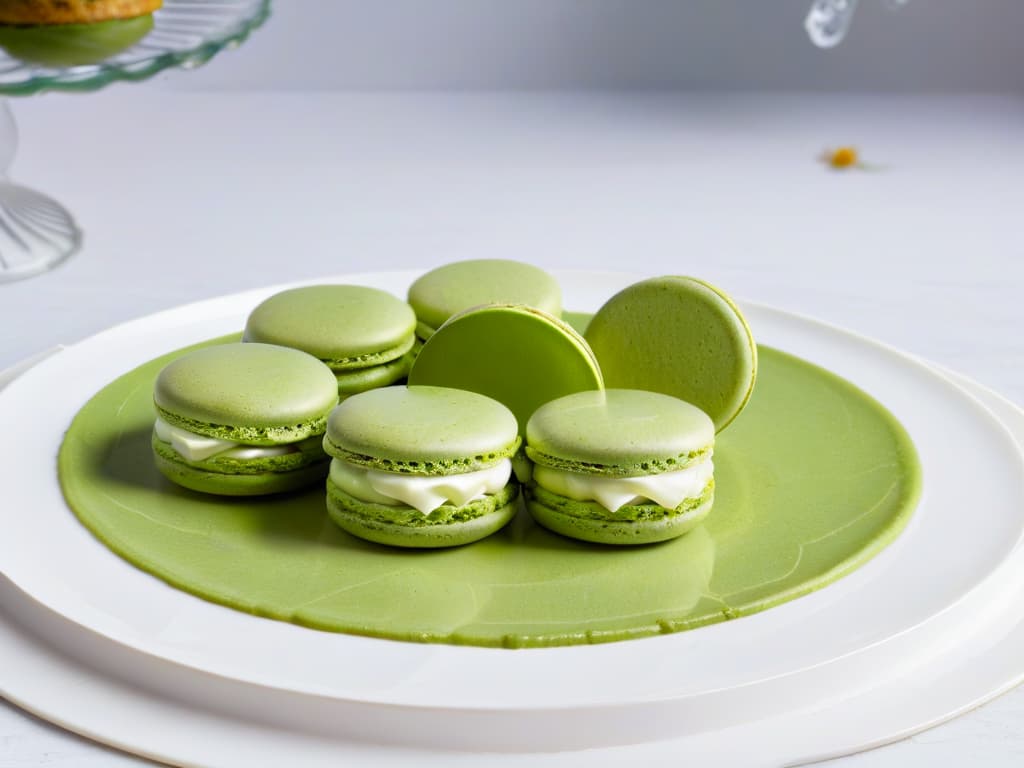  A closeup, ultradetailed image of a delicate green tea matcha macaron placed on a sleek, modern plate. The macaron is perfectly round, with a smooth, glossy surface showcasing a vibrant green color. The plate is minimalist, with a subtle texture that complements the elegance of the dessert. Light reflects off the surface, emphasizing the intricate details of the macaron's shell and highlighting the fine dusting of matcha powder on top. hyperrealistic, full body, detailed clothing, highly detailed, cinematic lighting, stunningly beautiful, intricate, sharp focus, f/1. 8, 85mm, (centered image composition), (professionally color graded), ((bright soft diffused light)), volumetric fog, trending on instagram, trending on tumblr, HDR 4K, 8K