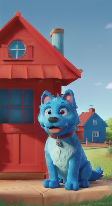  {Max the big blue dog standing in front of a cozy little house with a red door, The big blue dog is large with sky blue fur, big round eyes, a black nose, and floppy ears.