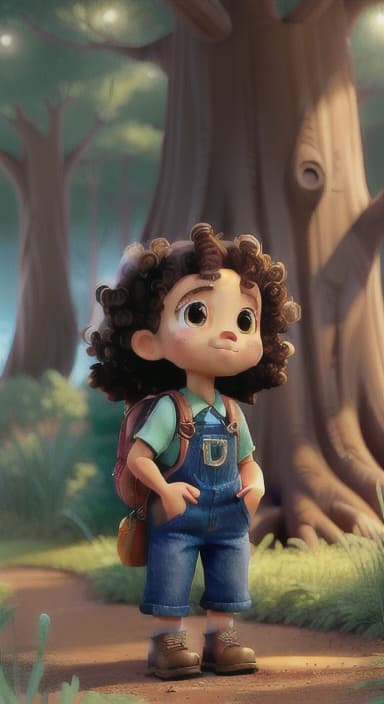  {The tree shining brightly and releasing a gentle, magical light., Riley, a curious with big brown eyes and curly hair, wearing overalls and carrying a small backpack. Their friend, Skye, a bluebird with shiny feathers.