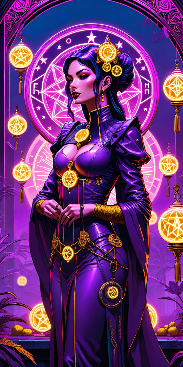  neonpunk style The Ten of Pentacles Tarot card represents Material Abundance. . cyberpunk, vaporwave, neon, vibes, vibrant, stunningly beautiful, crisp, detailed, sleek, ultramodern, magenta highlights, dark purple shadows, high contrast, cinematic, ultra detailed, intricate, professional hyperrealistic, full body, detailed clothing, highly detailed, cinematic lighting, stunningly beautiful, intricate, sharp focus, f/1. 8, 85mm, (centered image composition), (professionally color graded), ((bright soft diffused light)), volumetric fog, trending on instagram, trending on tumblr, HDR 4K, 8K