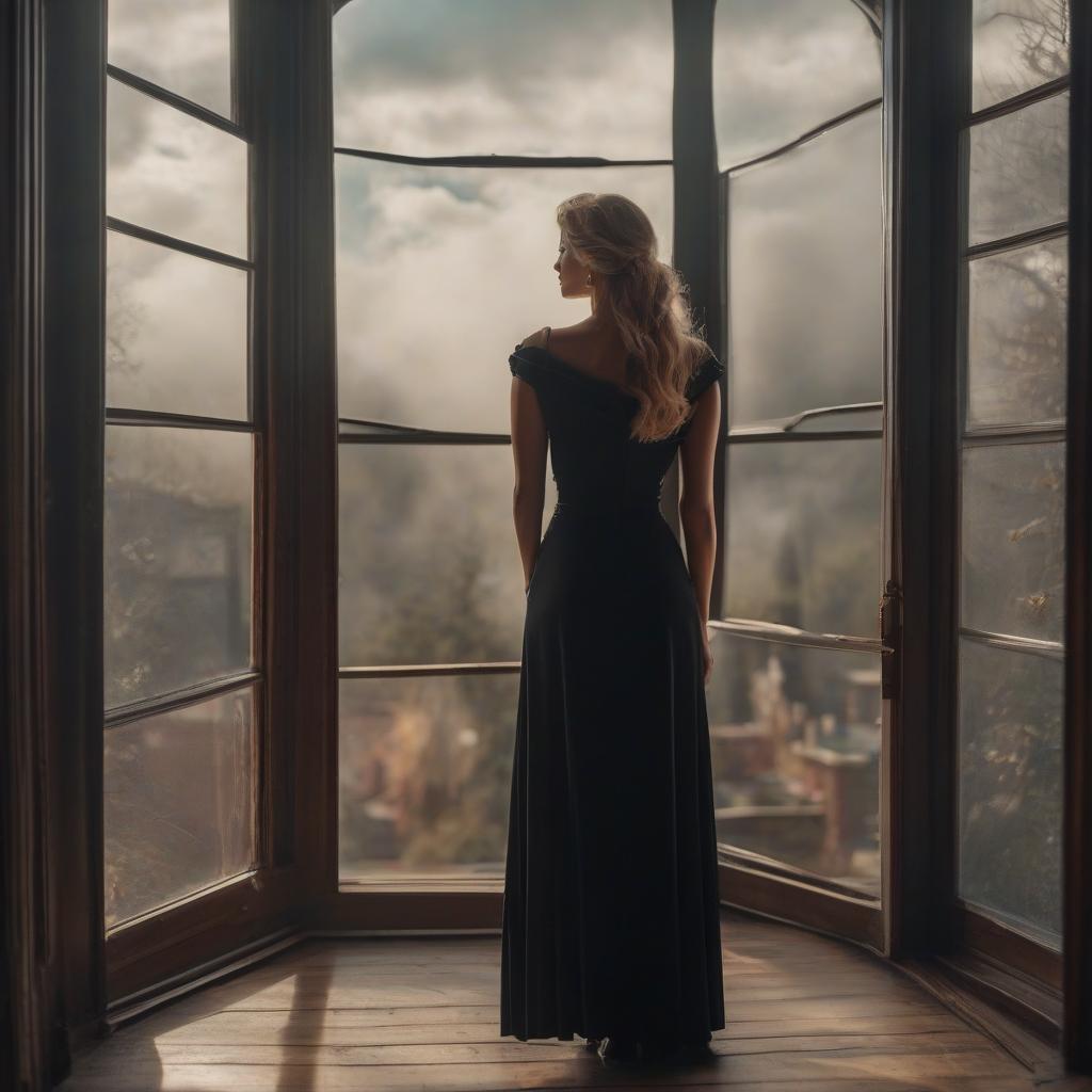  Vintage beautiful sad woman in black dress looks out of the window at the end of the world in the 1990s. hyperrealistic, full body, detailed clothing, highly detailed, cinematic lighting, stunningly beautiful, intricate, sharp focus, f/1. 8, 85mm, (centered image composition), (professionally color graded), ((bright soft diffused light)), volumetric fog, trending on instagram, trending on tumblr, HDR 4K, 8K