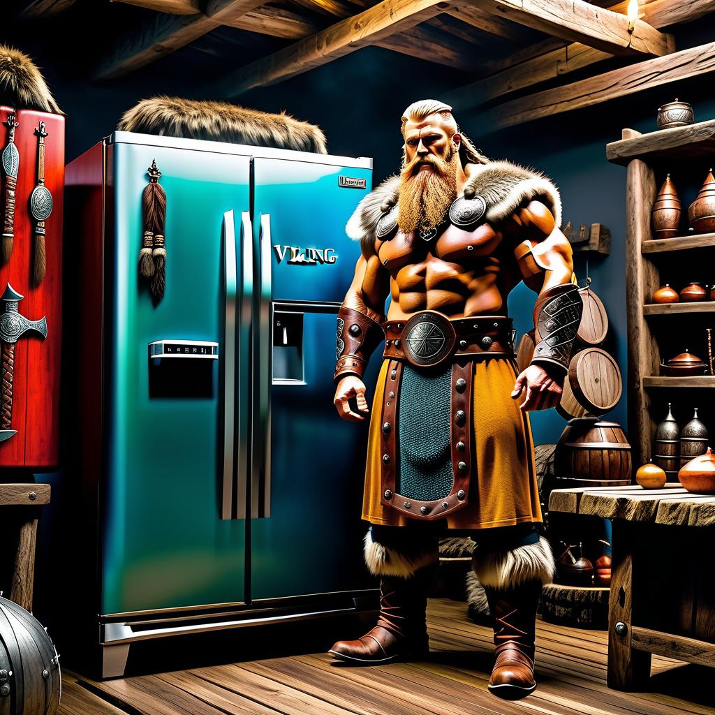  expressionist A Viking giant stands beside a huge refrigerator, around the Viking village the inhabitants are engaged in combat training. . raw, emotional, dynamic, distortion for emotional effect, vibrant, use of unusual colors, detailed hyperrealistic, full body, detailed clothing, highly detailed, cinematic lighting, stunningly beautiful, intricate, sharp focus, f/1. 8, 85mm, (centered image composition), (professionally color graded), ((bright soft diffused light)), volumetric fog, trending on instagram, trending on tumblr, HDR 4K, 8K