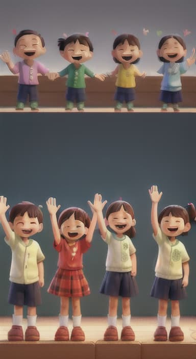  {A heartwarming scene of all the children waving goodbye with happy expressions., Children waving with wide smiles, looking grateful and content.