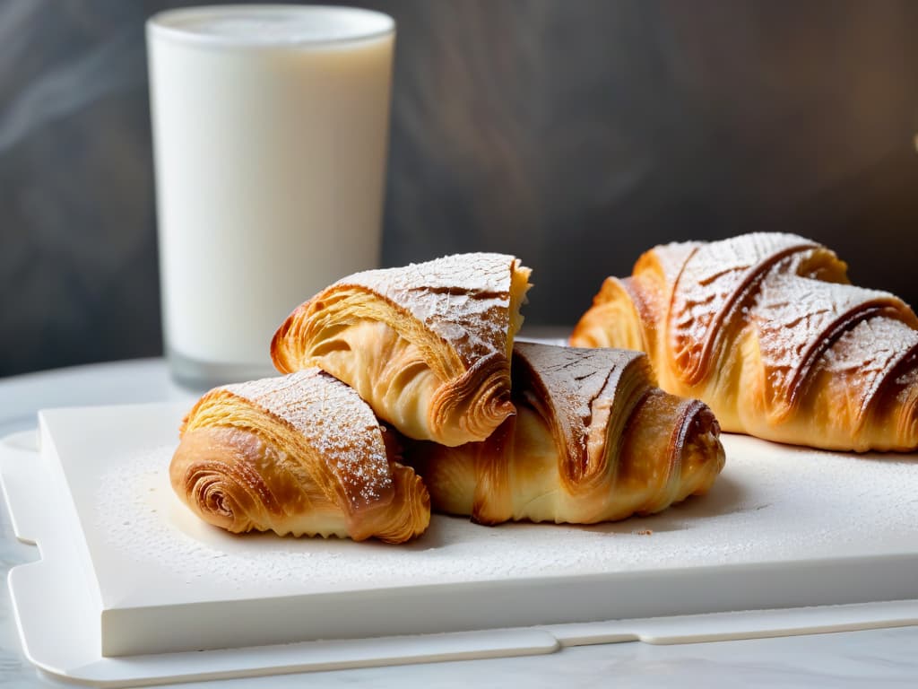  An ultradetailed closeup image of a freshly baked, goldenbrown croissant with a light dusting of powdered sugar on a sleek, modern marble countertop. The croissant is perfectly flaky and glistens in the soft natural light, showcasing its buttery layers. The background is subtly blurred, emphasizing the intricate textures of the pastry and creating a serene, elegant atmosphere that captures the essence of a highend pastry shop. hyperrealistic, full body, detailed clothing, highly detailed, cinematic lighting, stunningly beautiful, intricate, sharp focus, f/1. 8, 85mm, (centered image composition), (professionally color graded), ((bright soft diffused light)), volumetric fog, trending on instagram, trending on tumblr, HDR 4K, 8K