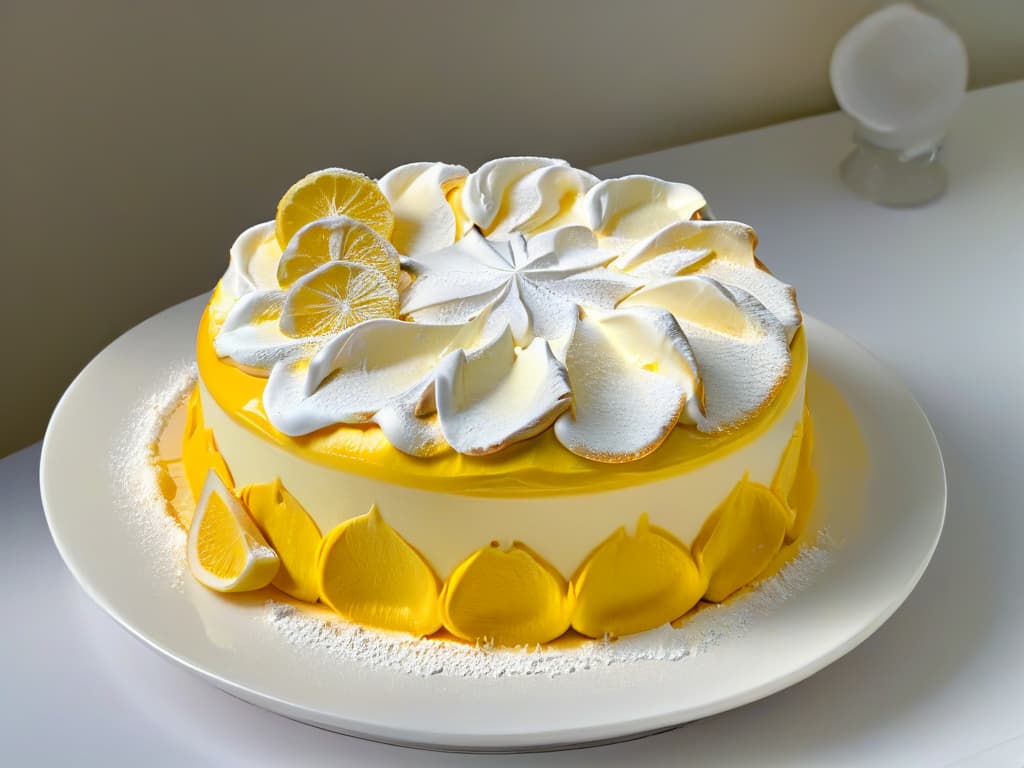  A closeup, ultradetailed image of a vibrant and intricately designed lemon meringue pie, showcasing the glossy peaks of toasted meringue swirling elegantly atop the zesty lemon custard filling. The pie rests on a delicate ceramic plate, adorned with fresh lemon slices and a dusting of powdered sugar, set against a backdrop of soft, diffused natural light that highlights the textures and colors of the dessert. hyperrealistic, full body, detailed clothing, highly detailed, cinematic lighting, stunningly beautiful, intricate, sharp focus, f/1. 8, 85mm, (centered image composition), (professionally color graded), ((bright soft diffused light)), volumetric fog, trending on instagram, trending on tumblr, HDR 4K, 8K