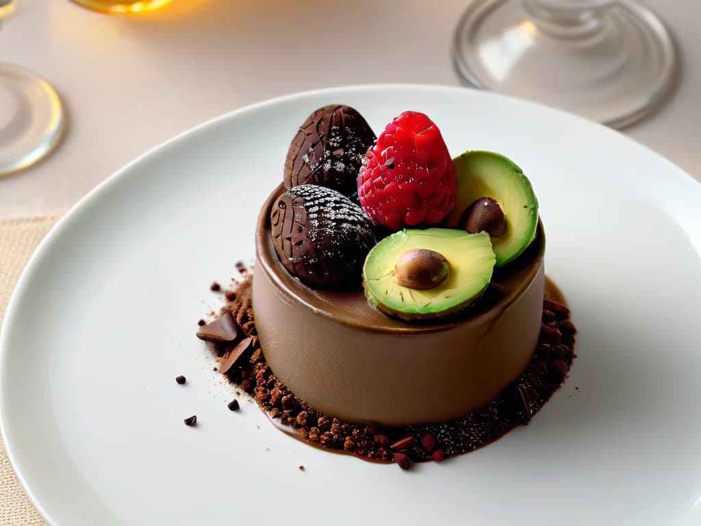  An ultradetailed, 8k resolution image of a perfectly portioned, decadent chocolate avocado mousse in a small, elegant glass dessert cup. The mousse is smooth and glossy, topped with a sprinkle of cacao nibs and a single fresh raspberry. The background is a soft, neutral tone to enhance the minimalistic style, with a subtle play of light and shadow to highlight the dessert's texture and presentation. hyperrealistic, full body, detailed clothing, highly detailed, cinematic lighting, stunningly beautiful, intricate, sharp focus, f/1. 8, 85mm, (centered image composition), (professionally color graded), ((bright soft diffused light)), volumetric fog, trending on instagram, trending on tumblr, HDR 4K, 8K