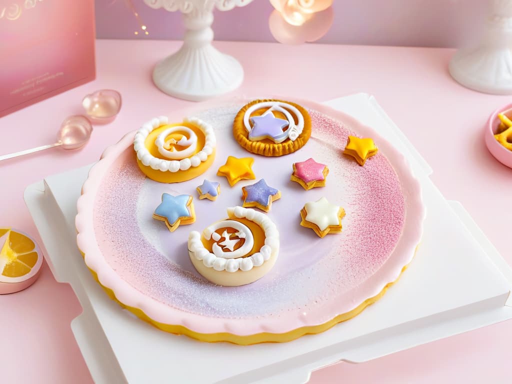  A beautifully plated set of pastelitos inspired by Sailor Moon, featuring delicate pastries in the shape of crescent moons, stars, and magical wands, all adorned with pastelcolored icing and edible glitter. The pastelitos are arranged on a sleek, modern serving platter against a soft, celestialthemed backdrop with hints of sparkling stardust and shimmering moon motifs. The image captures the essence of whimsical elegance and culinary artistry, perfect for inspiring readers to recreate these enchanting treats at home. hyperrealistic, full body, detailed clothing, highly detailed, cinematic lighting, stunningly beautiful, intricate, sharp focus, f/1. 8, 85mm, (centered image composition), (professionally color graded), ((bright soft diffused light)), volumetric fog, trending on instagram, trending on tumblr, HDR 4K, 8K