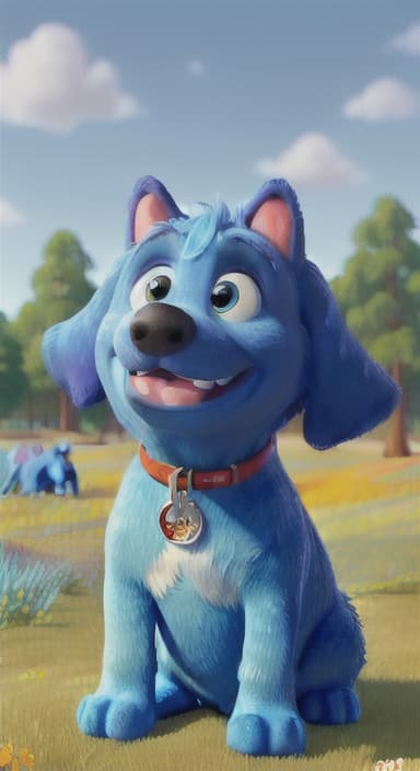  {A happy, big blue dog wagging its tail in a colorful meadow, The big blue dog is large with sky blue fur, big round eyes, a black nose, and floppy ears.