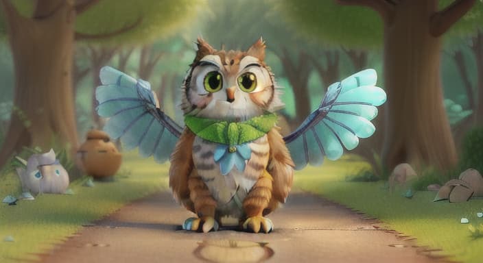  {The wise old owl stretching out a wing, pointing in the direction of a path leading out of the woods., Whiskers is a small, fluffy cat with bright, green eyes and soft, orange fur. He wears a little blue collar with a shiny silver tag. Whiskers is always curious and loves to explore.