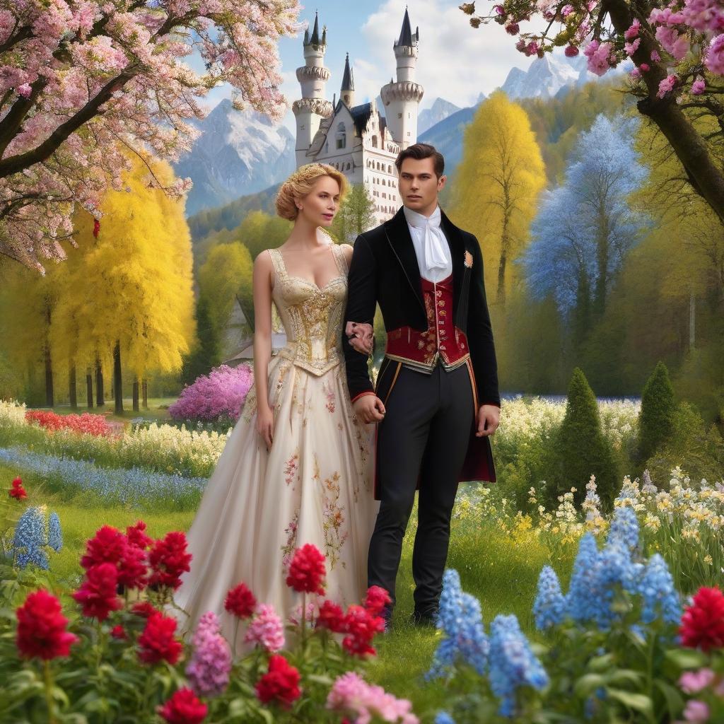  Neuschwanstein. ((Sparkling rim)): spring field, hyacinths, roses, rosehips, rose hips, peonies, cherry tree, yellow, red, black flowers, forget me nots. hyperrealistic, full body, detailed clothing, highly detailed, cinematic lighting, stunningly beautiful, intricate, sharp focus, f/1. 8, 85mm, (centered image composition), (professionally color graded), ((bright soft diffused light)), volumetric fog, trending on instagram, trending on tumblr, HDR 4K, 8K