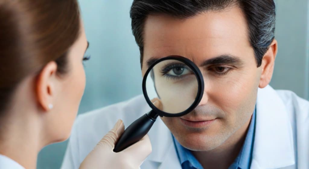  A photo of a dermatologist examining a patient's skin with a magnifying glass, symbolizing the importance of choosing the right dermatologist for accurate diagnosis and effective treatment.