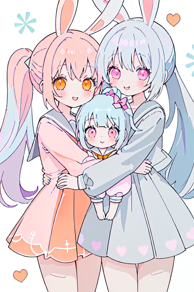  Rabbit ears,friends,smiles,beautiful girls,2 people,(orange eyes,light blue hair,perm,ponytail,),(pink eyes,gray hair,long hair,),cute,good friends,hugging each other,sailor suit,cuteRabbit ears,friends,smiles,beautiful girls,2 people,(orange eyes,light blue hair,perm,ponytail,),(pink eyes,gray hair,long hair,),cute,good friends,hugging each other,sailor suit,cute(absurd detailed:1.4、best quality:1.4、masterpiece:1.4)、The same height、