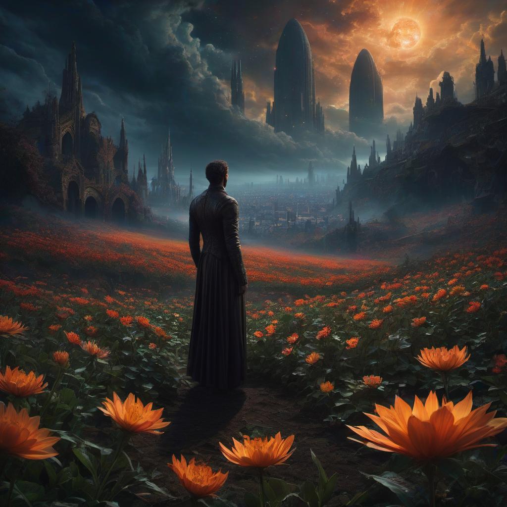  (stylized by Tomasz Alen Kopera:1.3) , dark art, dense flower field and Perseid meteor in background, landscape of a (Barcelona:1.2) , very Bizarre and 1600'S, Hurricane, Glitchcore, Amaro, layered textures, ornate, intricate artistic color, complimentary colors, very inspirational, atmosphere, fine artistic composition, sunny, theatrical hyperrealistic, full body, detailed clothing, highly detailed, cinematic lighting, stunningly beautiful, intricate, sharp focus, f/1. 8, 85mm, (centered image composition), (professionally color graded), ((bright soft diffused light)), volumetric fog, trending on instagram, trending on tumblr, HDR 4K, 8K