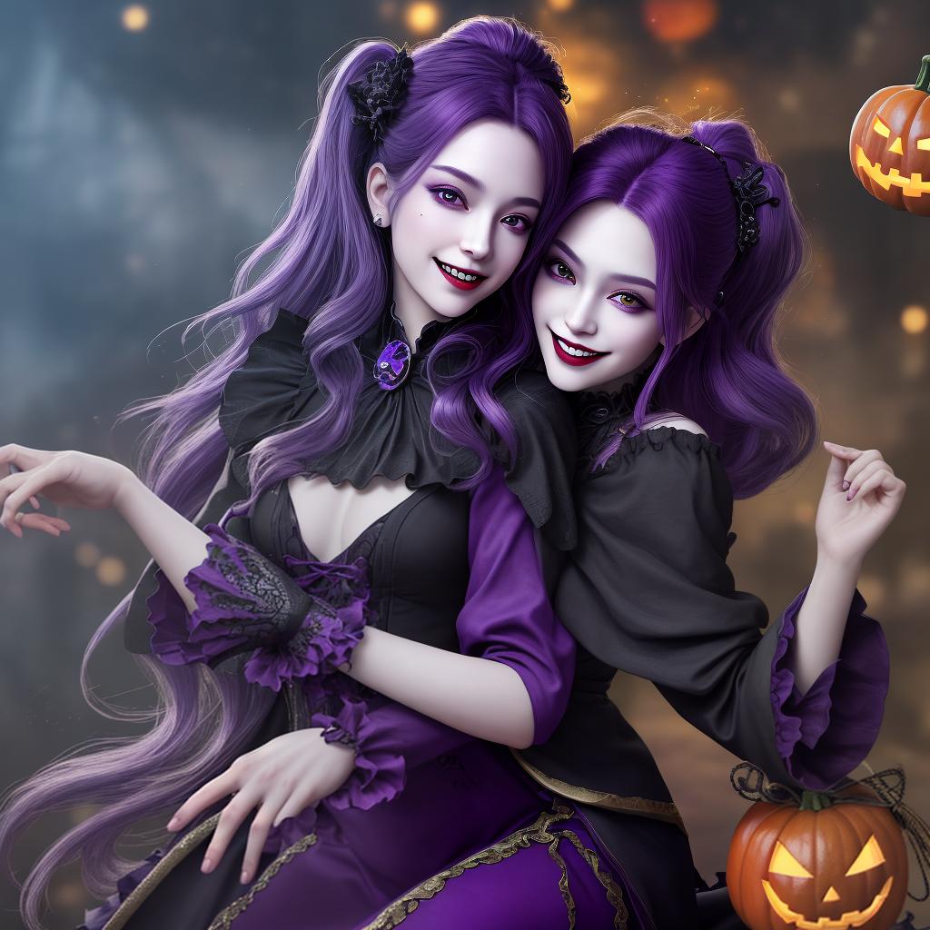  masterpiece, best quality, 8k resolution,official art, extremely detailed CG unity 8k wallpaper,full body,exquisite facial features,dancing ,vampire,witch,magical_, smile, face,embarred,crazy smile,hair over shoulder,long hair,purple hair,hair behind ear,gothic,japanses clothes,dramatic angle,,halloween,christmas,Polaroid art,multiple s,,twins,close up portrait