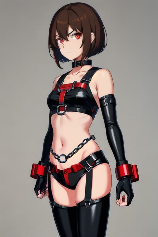  Beautiful girl, brown hair, short hair, red eyes, angry, limb restraint, restrained, hot pants, shackles, restraint in the back