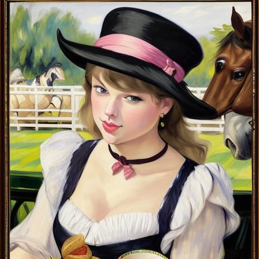  Happy beautiful Taylor Swift with pink cheeks and streaks of sunshine, gazing at a piece of fine dark chocolate, painted in the style of Édouard Manet. Foreground has a plate of fine dark chocolates on a coffee table. Background has a thoroughbred horses, white horse fences, limestone fences