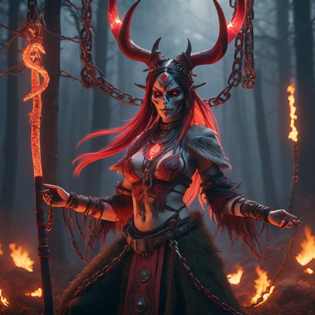  Primitive shaman, evil, aggression, fire everywhere, moss, chains, red neon, animal skull, anime hyperrealistic, full body, detailed clothing, highly detailed, cinematic lighting, stunningly beautiful, intricate, sharp focus, f/1. 8, 85mm, (centered image composition), (professionally color graded), ((bright soft diffused light)), volumetric fog, trending on instagram, trending on tumblr, HDR 4K, 8K