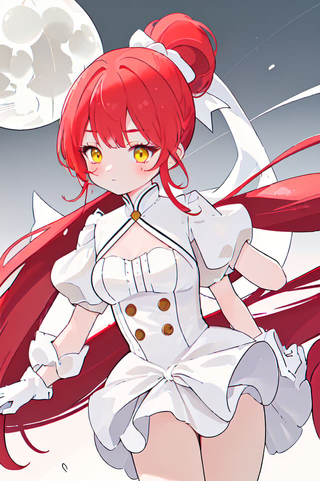  High resolution very high resolution very high resolution. Woman one sided and beautifully raised both arms braided ponytail pony tailed milk clothing Long gloves Long hair camera view shear Ponytail Red hair white white white long globe white gloves white gloves Yellowish