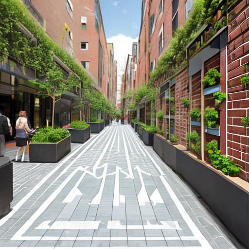  Urban sidewalk design for people without car traffic, the sidewalk walls of commercial shops are brick-faced, the path is covered with creeping plants and gardens, geometric shapes flooring with tiles