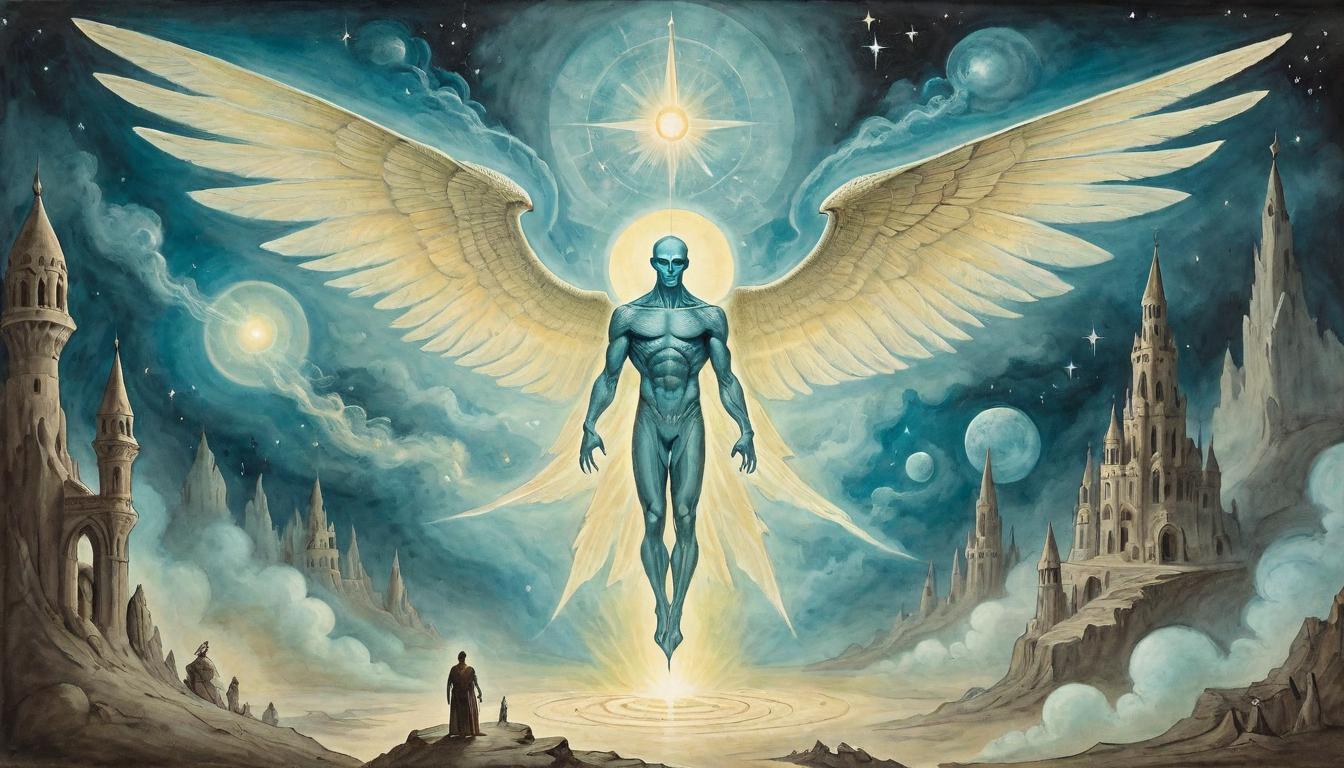  on parchment, surrealism+++, human figure glowing with a divine aura, ethereal wings slightly visible, holds a guiding light, reptilian figure in the background observing, celestial atmosphere, otherworldly, aspirational(mysterious, provocative, symbolic,muted color)+++