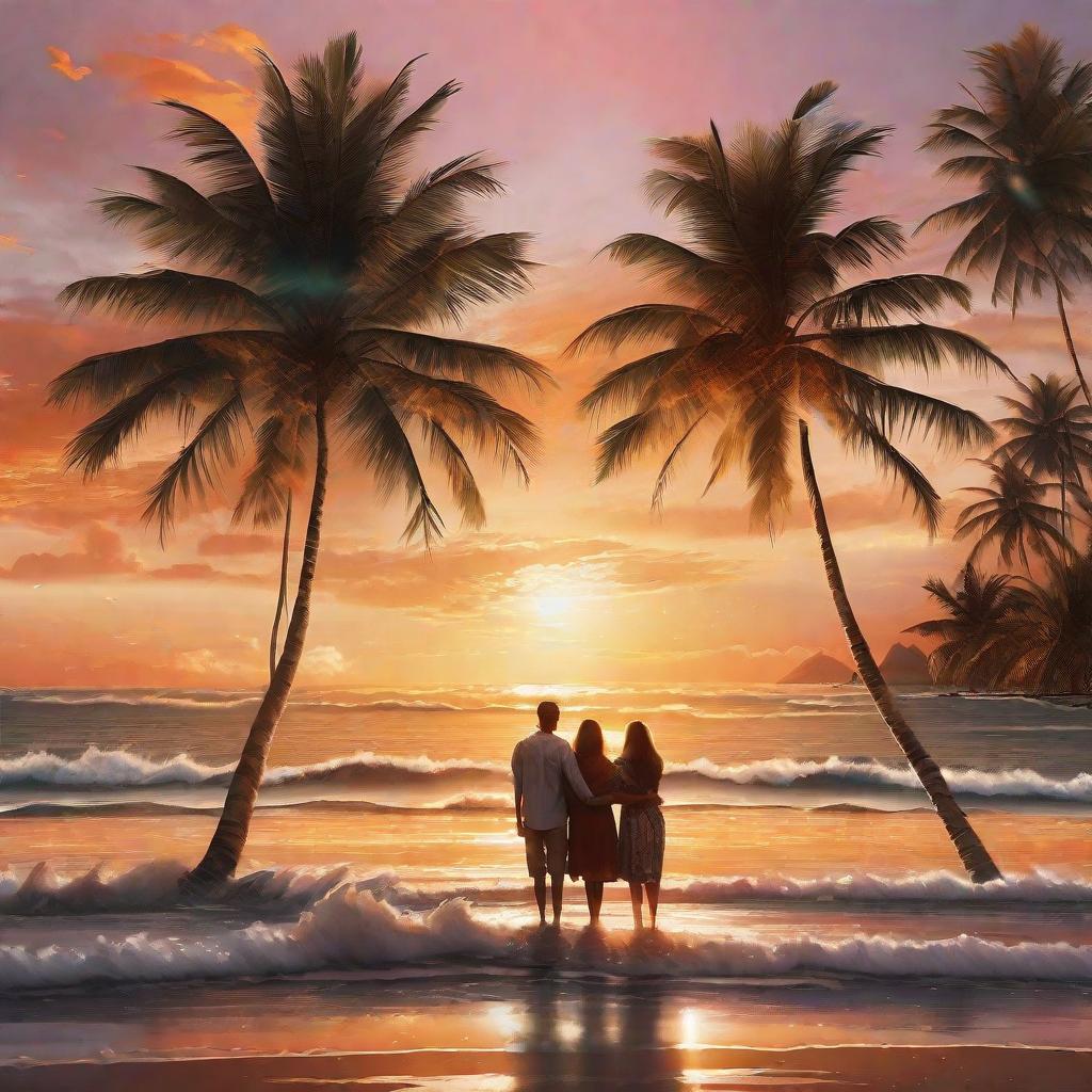  masterpiece, best quality, sunset, a couple cuddling on the beach, coconut trees, sparkling