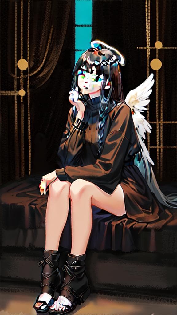 (****), 1girl, black hair, angel of death, innocent, brown eyes, diadem, angel wings, black clothes, full body, arms behind back, sky, halo, post apocalypse,