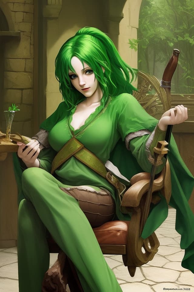  Green hair character comfortable medieval music, fantasy bard, tavern atmosphere