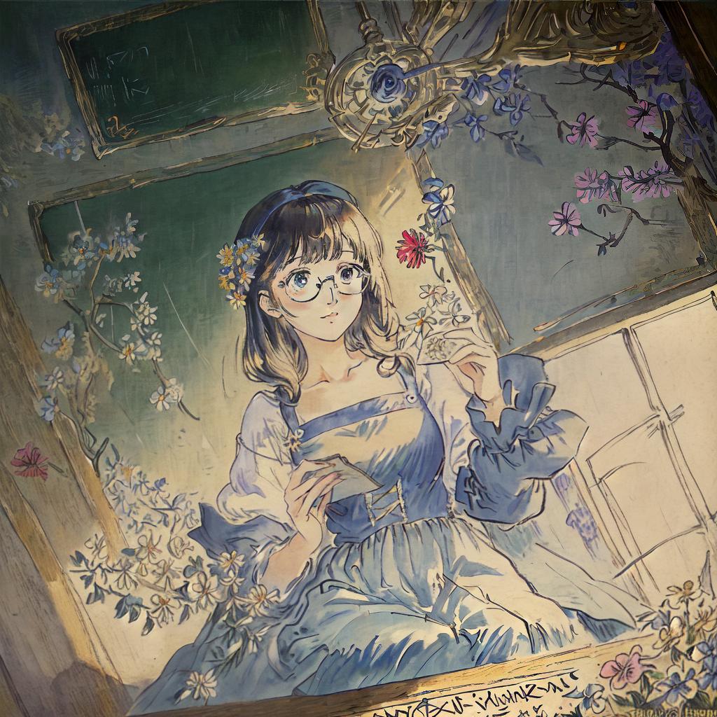  A masterpiece of a photorealistic image on banana paper, showcasing the best quality, with an 8k resolution and ultra-detailed textures. The scene features natural light illuminating the composition. A girl sitting in a classroom, surrounded by various elements. The main subject is the girl ((wearing glasses)), engrossed in reading a book ((titled 'The Adventures of Alice in Wonderland')). The classroom is adorned with vibrant posters on the walls, depicting famous artworks by ((Pablo Picasso and Vincent van Gogh)). In the background, a large ((chalkboard)) displays mathematical equations and diagrams. A bouquet of ((colorful flowers)) sits on the girl's desk, adding a touch of nature to the scene. The overall color palette consists of warm hyperrealistic, full body, detailed clothing, highly detailed, cinematic lighting, stunningly beautiful, intricate, sharp focus, f/1. 8, 85mm, (centered image composition), (professionally color graded), ((bright soft diffused light)), volumetric fog, trending on instagram, trending on tumblr, HDR 4K, 8K