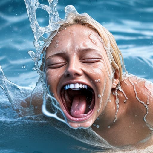  tanned blonde woman's face sinking in the water she's screaming and panic a lot of water waves and splashes around