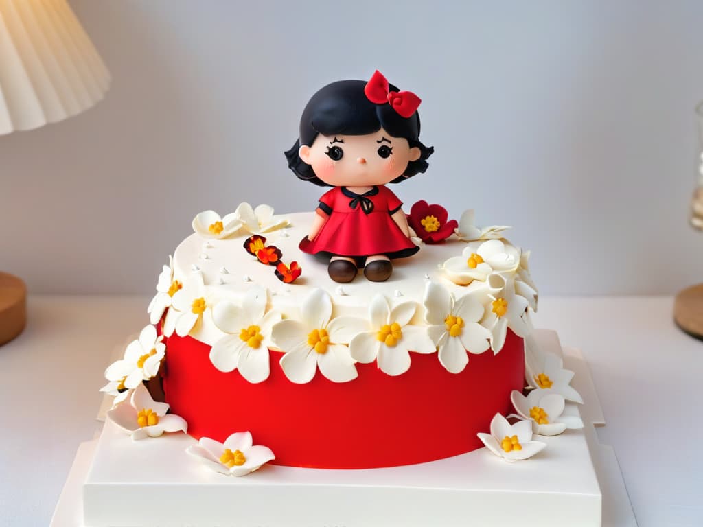  A closeup, ultradetailed image of a beautifully decorated cake shaped like Mafalda, featuring intricate fondant details of her iconic red dress, black hair, and expressive eyes. The cake sits on a pristine white cake stand, adorned with delicate sugar flowers and a subtle dusting of edible glitter, creating a truly mesmerizing and elegant centerpiece for any special occasion. hyperrealistic, full body, detailed clothing, highly detailed, cinematic lighting, stunningly beautiful, intricate, sharp focus, f/1. 8, 85mm, (centered image composition), (professionally color graded), ((bright soft diffused light)), volumetric fog, trending on instagram, trending on tumblr, HDR 4K, 8K