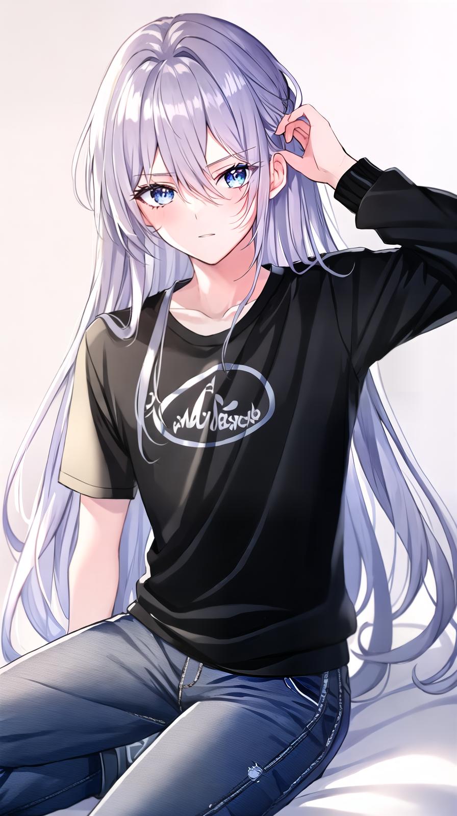  ((((masterpiece)))), best quality, very_high_resolution, ultra-detailed, in-frame, handsome, soft, young, silver hair, blue eyes, long hair in a half-up style, T-shirt, bomber jacket, slim pants, blue top and black bottom, eye patch covering a burn scar on the left eye, prince-like, beautiful eyelashes