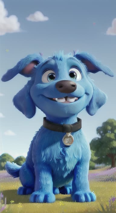  {A happy, big blue dog wagging its tail in a colorful meadow, The big blue dog is large with sky blue fur, big round eyes, a black nose, and floppy ears.