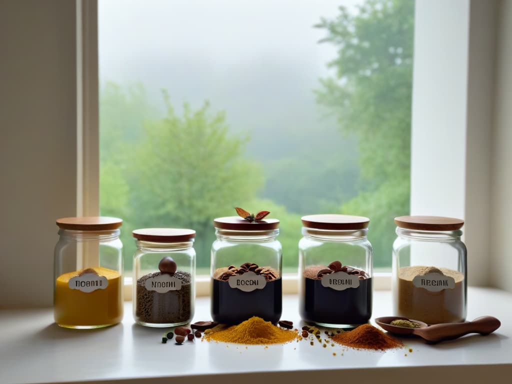  A highresolution, minimalist image depicting a serene and ecofriendly kitchen setting, featuring a sleek marble countertop adorned with a variety of sustainable baking ingredients such as organic flour, locally sourced honey, fairtrade cocoa powder, and reusable glass jars filled with nuts and seeds. Soft natural light filters through a nearby window, casting a gentle glow on the ingredients, creating a calming and inviting atmosphere for ecoconscious baking enthusiasts. hyperrealistic, full body, detailed clothing, highly detailed, cinematic lighting, stunningly beautiful, intricate, sharp focus, f/1. 8, 85mm, (centered image composition), (professionally color graded), ((bright soft diffused light)), volumetric fog, trending on instagram, trending on tumblr, HDR 4K, 8K