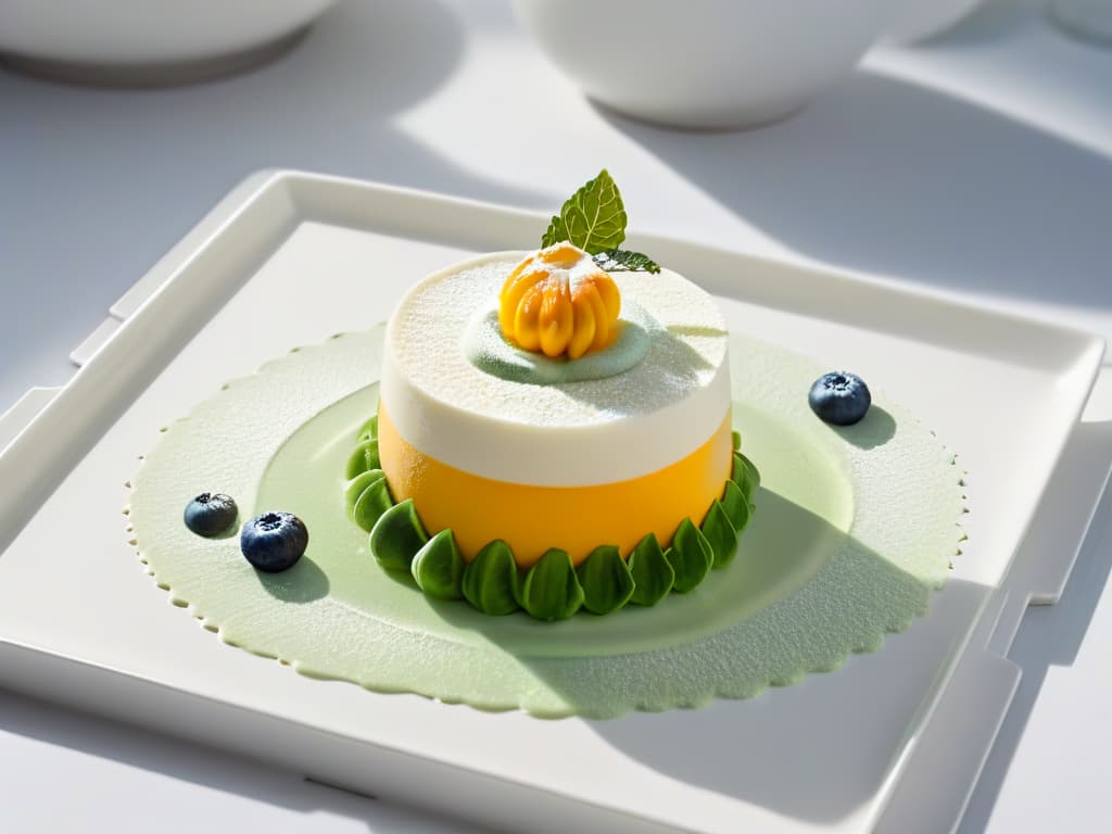  A minimalist, highresolution image of a delicate, ethereal dessert topped with a perfectly crafted foam, showcasing the precision and artistry of molecular gastronomy techniques in creating airy and visually stunning desserts. The dessert is elegantly presented on a sleek, white plate, with a soft, diffused light highlighting its intricate details and textures, inviting the viewer to appreciate the beauty and sophistication of modern culinary creations. hyperrealistic, full body, detailed clothing, highly detailed, cinematic lighting, stunningly beautiful, intricate, sharp focus, f/1. 8, 85mm, (centered image composition), (professionally color graded), ((bright soft diffused light)), volumetric fog, trending on instagram, trending on tumblr, HDR 4K, 8K