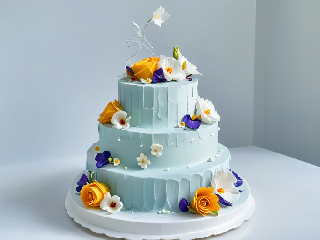  An ultradetailed image of a beautifully decorated threetiered cake, adorned with intricate icing designs and edible flowers, set against a clean, white background. The lighting is soft and highlights the details of the cake, showcasing the precision and artistry involved in its creation. Each delicate petal and swirl of frosting is captured with stunning clarity, making the viewer feel as if they could almost reach out and touch the cake. hyperrealistic, full body, detailed clothing, highly detailed, cinematic lighting, stunningly beautiful, intricate, sharp focus, f/1. 8, 85mm, (centered image composition), (professionally color graded), ((bright soft diffused light)), volumetric fog, trending on instagram, trending on tumblr, HDR 4K, 8K