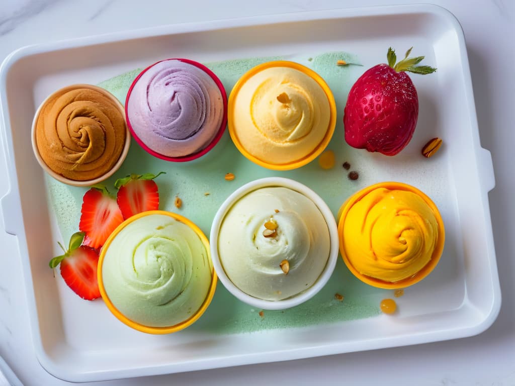  A highresolution closeup image of a colorful array of homemade ice cream scoops arranged neatly in a row on a sleek, modern serving dish. Each scoop showcases a different vibrant hue and is garnished with fresh fruit slices and a sprinkle of crushed nuts, creating a visually appealing and enticing display of fun and easytomake homemade ice cream flavors. hyperrealistic, full body, detailed clothing, highly detailed, cinematic lighting, stunningly beautiful, intricate, sharp focus, f/1. 8, 85mm, (centered image composition), (professionally color graded), ((bright soft diffused light)), volumetric fog, trending on instagram, trending on tumblr, HDR 4K, 8K