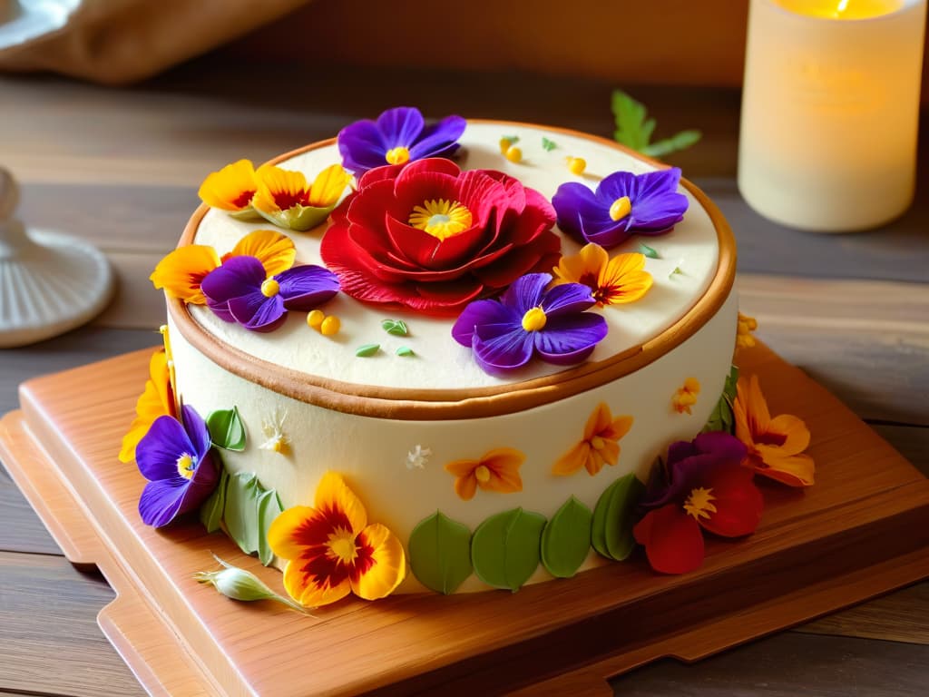  A photorealistic image of a beautifully decorated cake with intricate details and colorful edible flowers made using cañihua flour. The cake is elegantly displayed on a wooden table against a soft, blurred background to emphasize the craftsmanship and artistry of the dessert. The lighting is soft and warm, highlighting the textures and vibrant colors of the cake, showcasing it as a work of culinary art that elevates the flavors and benefits of using cañihua in baking. hyperrealistic, full body, detailed clothing, highly detailed, cinematic lighting, stunningly beautiful, intricate, sharp focus, f/1. 8, 85mm, (centered image composition), (professionally color graded), ((bright soft diffused light)), volumetric fog, trending on instagram, trending on tumblr, HDR 4K, 8K