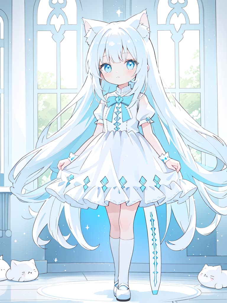  White long hair, cat ears, light blue eyes, small girls, light blue and white dresses, standing, whole body, masterpiece, best quality,8k,ultra detailed,high resolution,an extremely delicate and beautiful,hyper detail