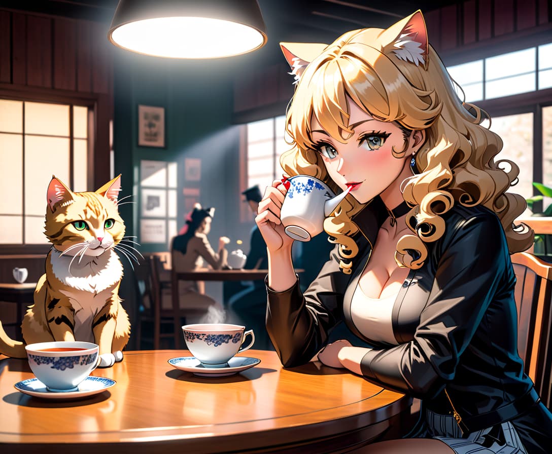  manga style A blonde with curly hair and a brown haired woman sit at a table drinking tea, two cats are next to them. . vibrant, high energy, detailed, iconic, Japanese comic style hyperrealistic, full body, detailed clothing, highly detailed, cinematic lighting, stunningly beautiful, intricate, sharp focus, f/1. 8, 85mm, (centered image composition), (professionally color graded), ((bright soft diffused light)), volumetric fog, trending on instagram, trending on tumblr, HDR 4K, 8K