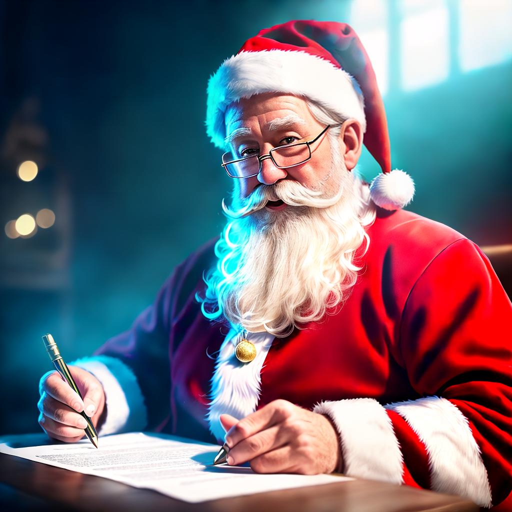 Santa Claus signs the gift acceptance certificate ,highly detailed, cinematic lighting, stunningly beautiful, intricate, sharp focus, f1. 8, 85mm, (centered image composition), (professionally color graded), ((bright soft diffused light)), volumetric fog, trending on instagram, trending on tumblr, HDR 4K, 8K